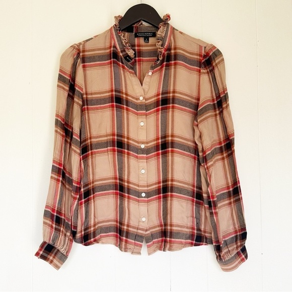 Banana Republic Tops - BANANA REPUBLIC Plaid Tan Black Red Button Down Ruffle Collar Small